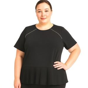 River Island Blouse‎ Size 20 Black Pleated Hem Embellished Short Sleeve Top New